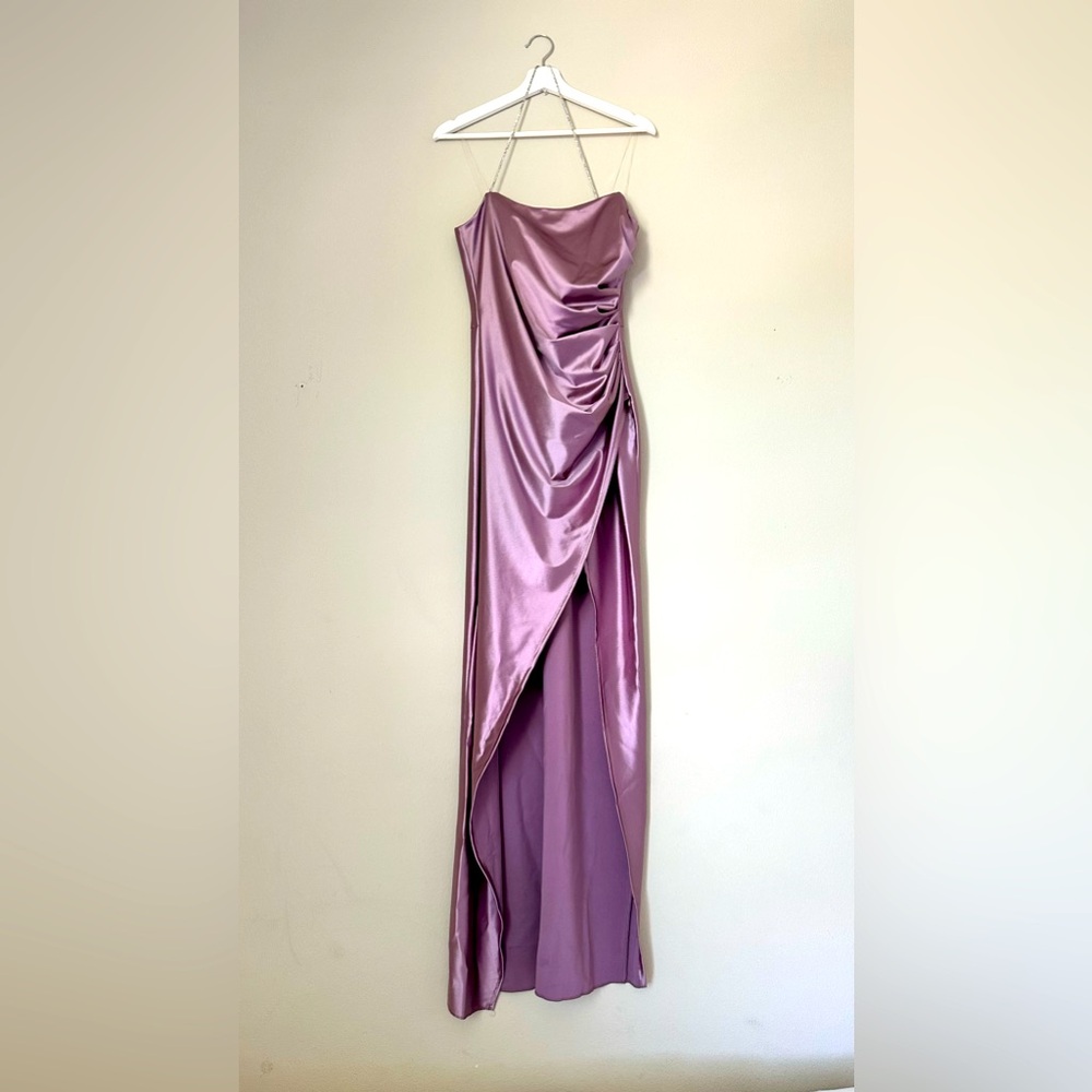 Stunning Lilac Purple Satin Dress. Rhinestone Halter. Perfect for a Night Out